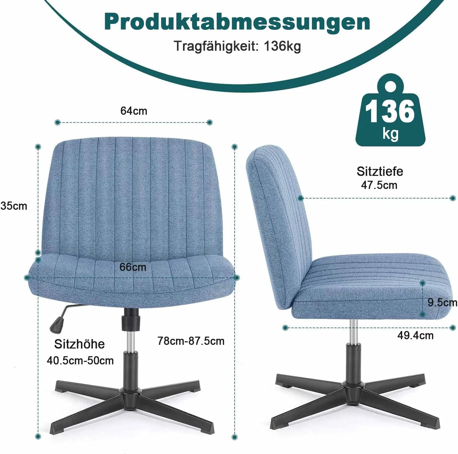DUMOS Criss Cross Legged Office Chair, Armless Wide Seat No Wheels, Modern Home Desk Height Adjustable Swivel Fabric Vanity Seating for Bedroom