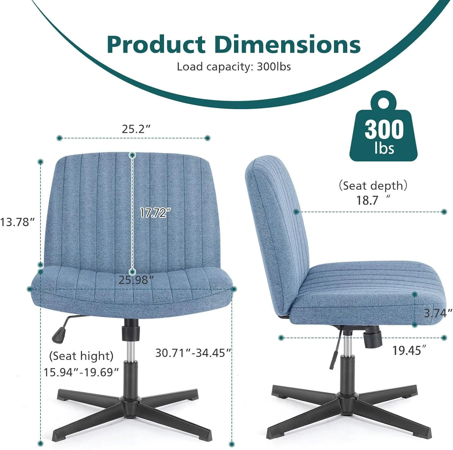 DUMOS Criss Cross Legged Office Chair, Armless Wide Seat No Wheels, Modern Home Desk Height Adjustable Swivel Fabric Vanity Seating for Bedroom