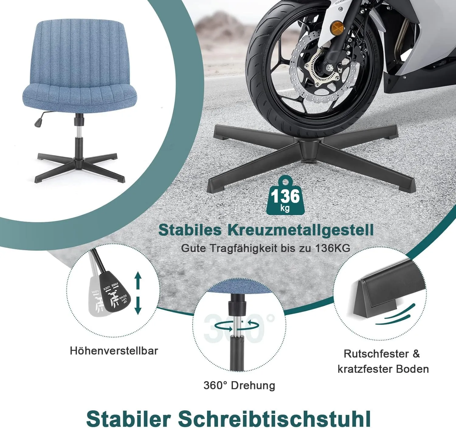 DUMOS Criss Cross Legged Office Chair, Armless Wide Seat No Wheels, Modern Home Desk Height Adjustable Swivel Fabric Vanity Seating for Bedroom