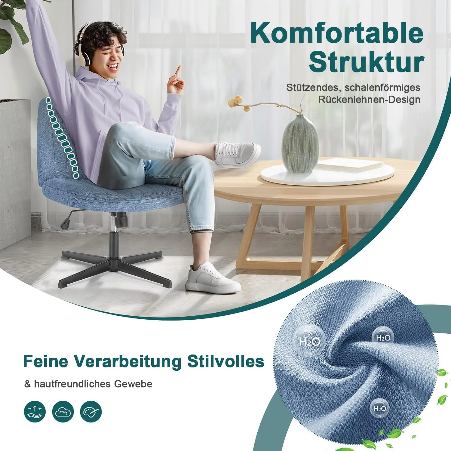 DUMOS Criss Cross Legged Office Chair, Armless Wide Seat No Wheels, Modern Home Desk Height Adjustable Swivel Fabric Vanity Seating for Bedroom