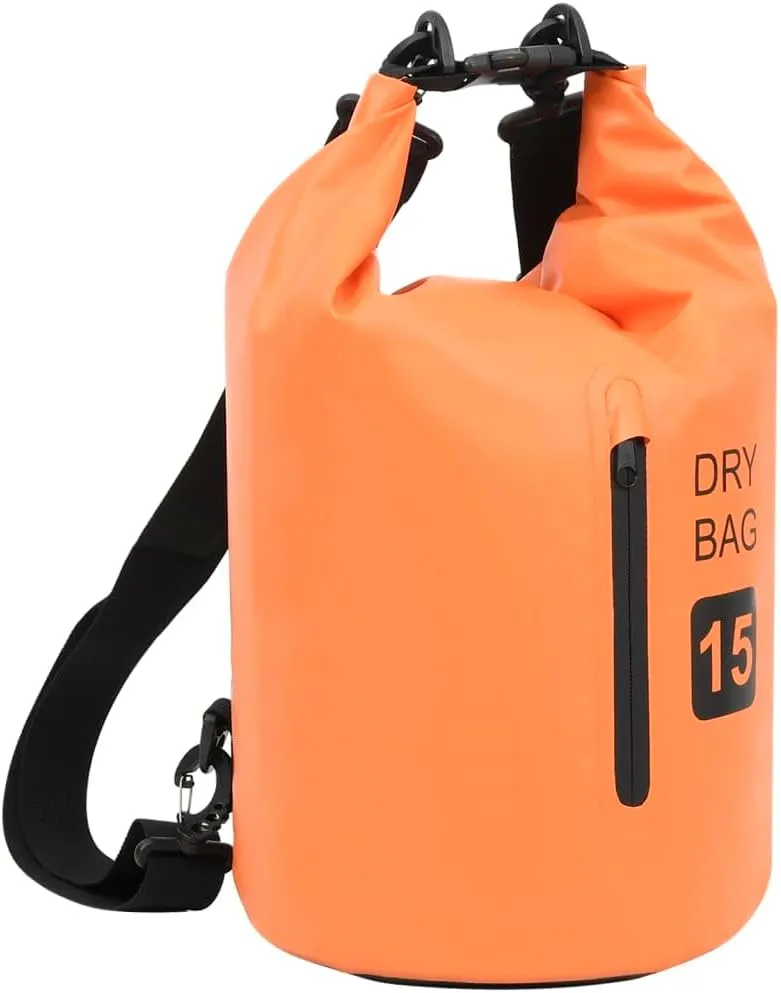 Durable Waterproof Dry Bag with Zipper for Outdoor Activities, 4 Gallon Capacity, Lightweight PVC, Orange and Black