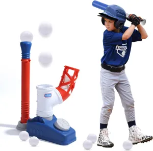 EagleStone Baseball Tee，T-Ball Set for Kids Ages 3-5, Toddler Baseball Set with Step-On Pitching Machine, Adjustable Batting Tee, Bat and 6 Balls - Perfect Outdoor Christmas Toys Gift for Boys