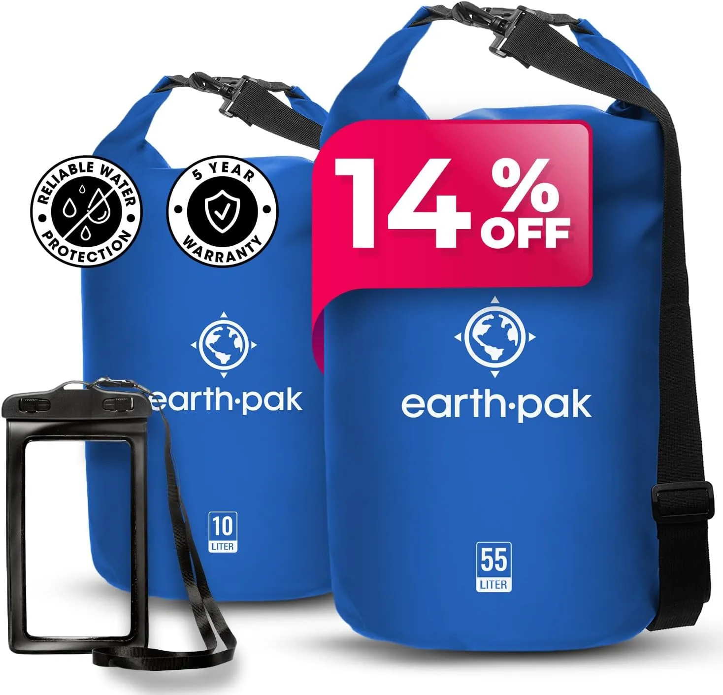 Earth Pak Waterproof Dry Bag - Roll Top Waterproof Backpack Sack (Blue 55L & 40L)