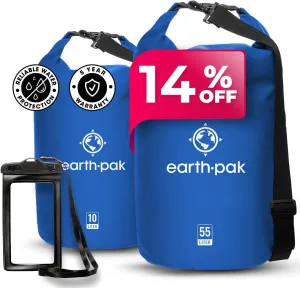 Earth Pak Waterproof Dry Bag - Roll Top Waterproof Backpack Sack (Blue 55L & 40L)