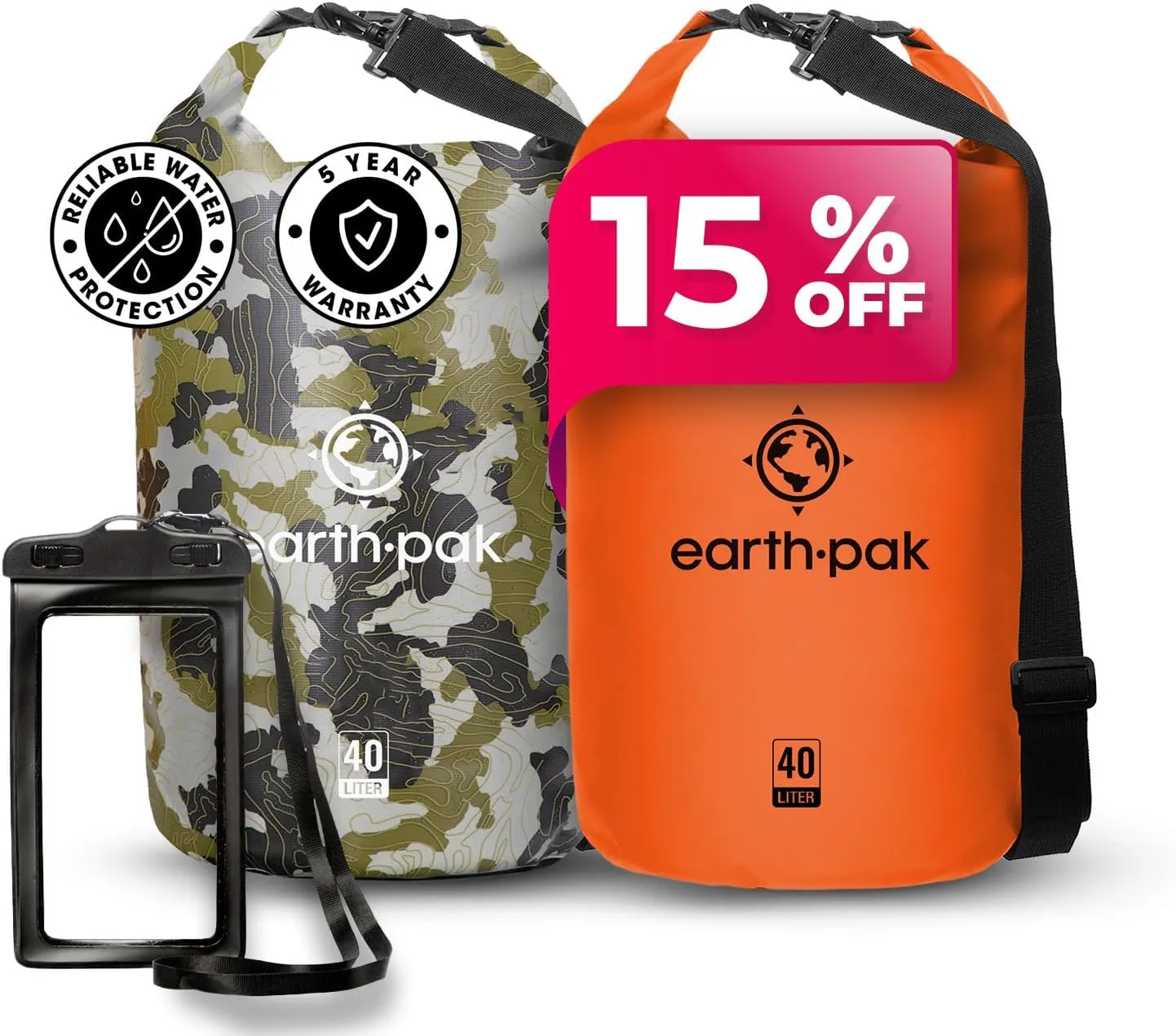 Earth Pak Waterproof Dry Bag - Roll Top Waterproof Backpack Sack (Camo 40L& Orange 40L)