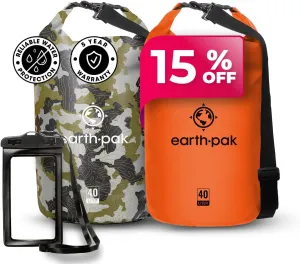 Earth Pak Waterproof Dry Bag - Roll Top Waterproof Backpack Sack (Camo 40L& Orange 40L)