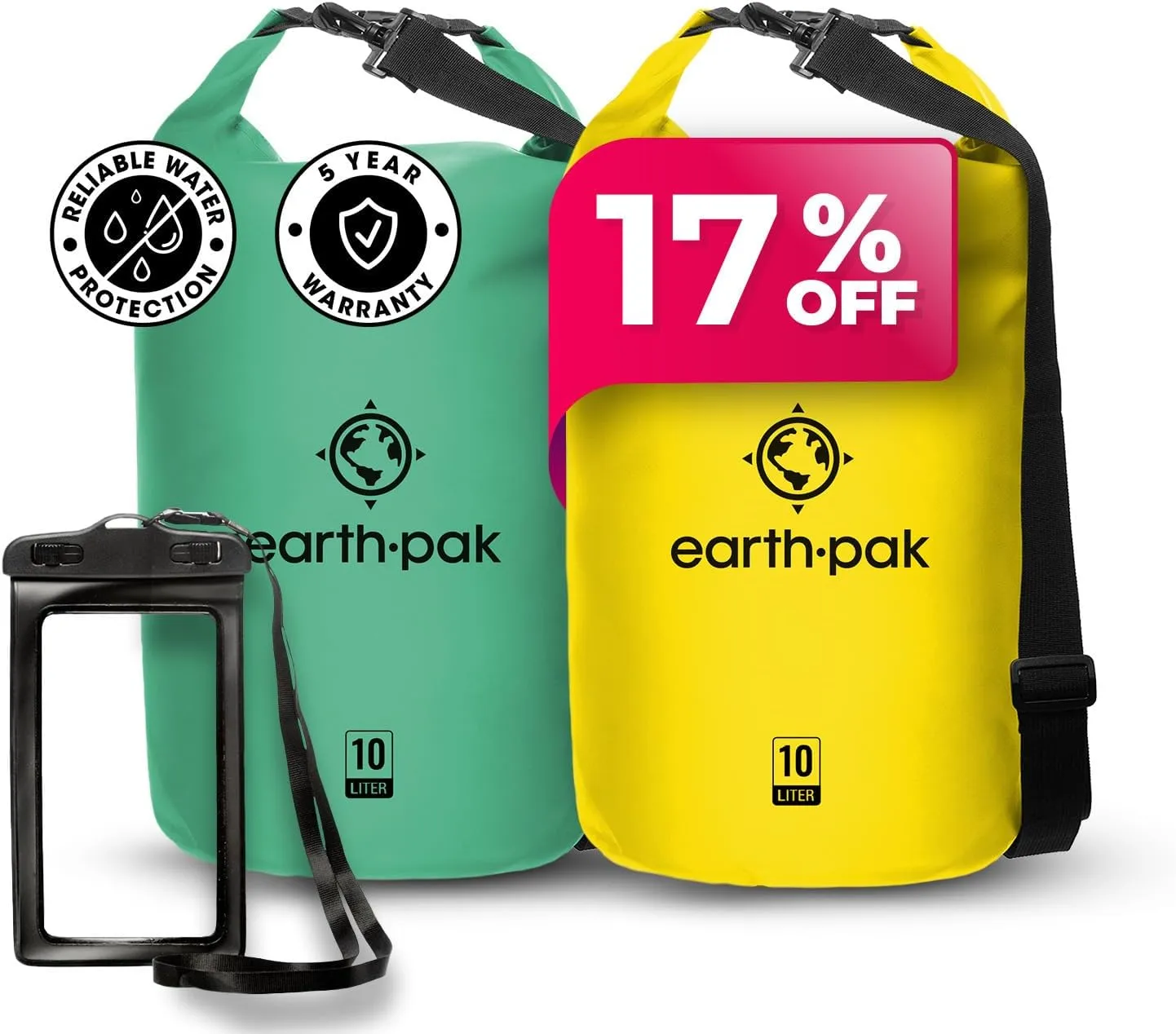 Earth Pak Waterproof Dry Bag - Roll Top Waterproof Backpack Sack Keeps Gear Dry for Kayaking, Beach, Rafting, Boating, Hiking, Camping and Fishing with Waterproof Phone Case