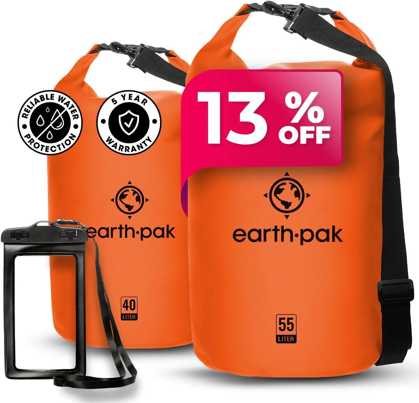 Earth Pak Waterproof Dry Bag - Roll Top Waterproof Backpack Sack (Orange 40L & Orange 55L)