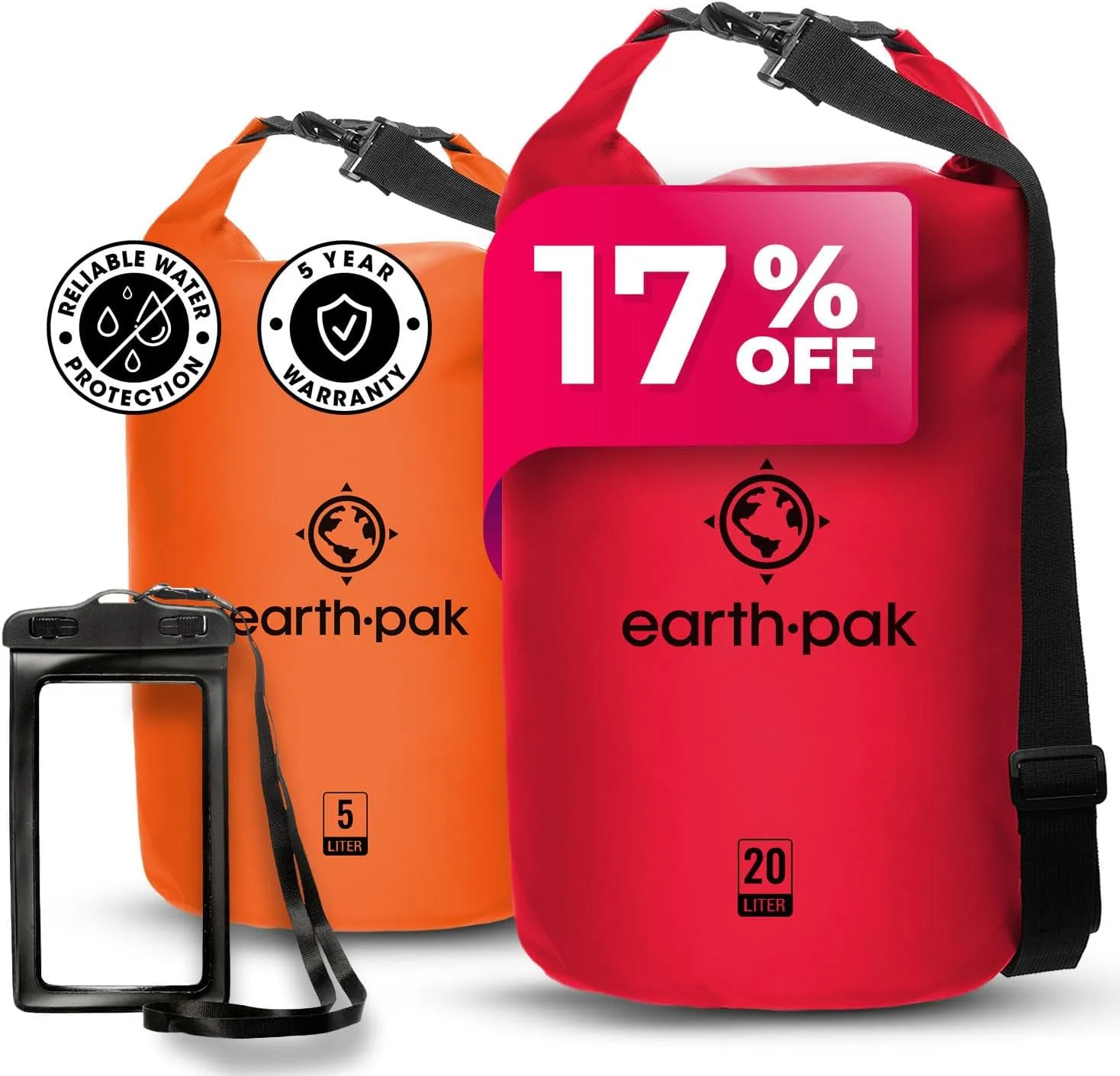 Earth Pak Waterproof Dry Bag - Roll Top Waterproof Backpack Sack (Orange 5L & Red 20L)