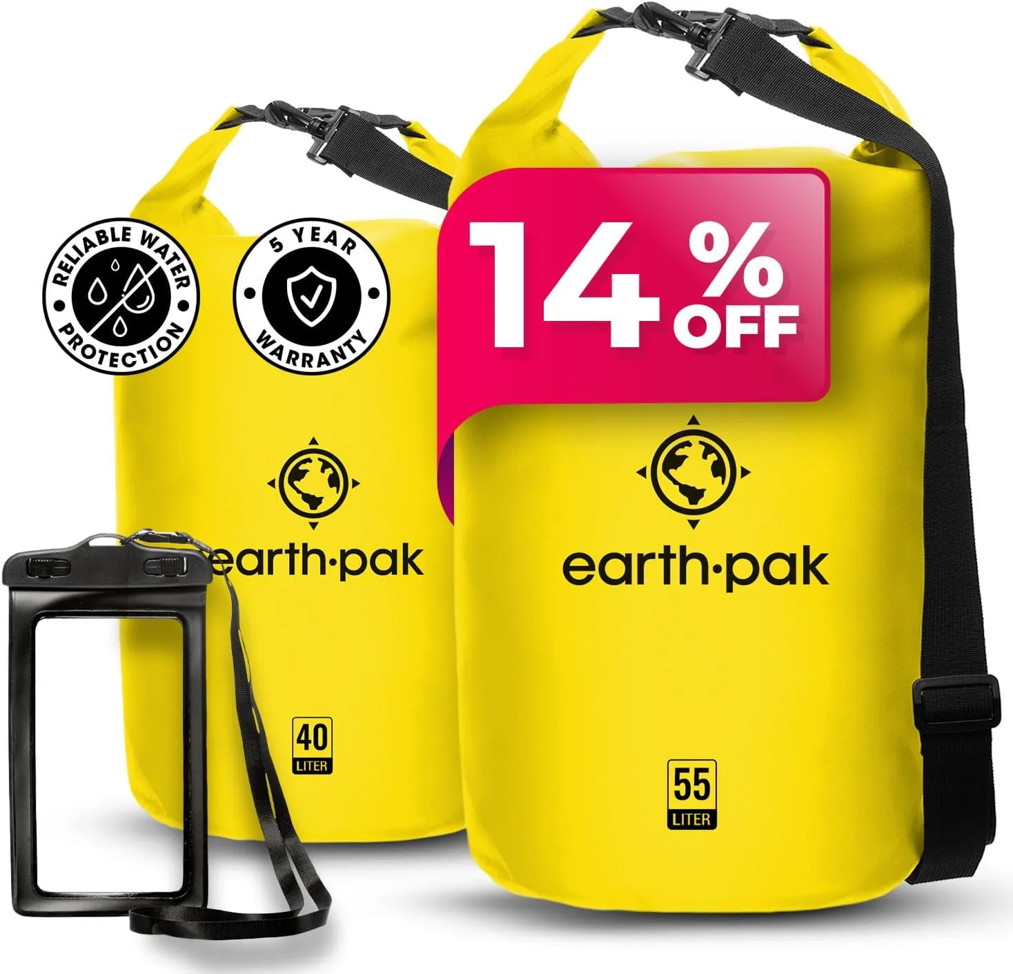 Earth Pak Waterproof Dry Bag - Roll Top Waterproof Backpack Sack (Yellow 40L & 30L)