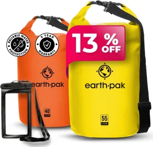 Earth Pak Waterproof Dry Bag - Roll Top Waterproof Backpack Sack (Yellow 55L & Orange 40L)