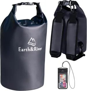 EARTH&RIVER Premium Waterproof Dry Bag Backpack, Extra Thick, Protection for All Water Activities & Camping, Floating Lightweight Dry Bag & IPX8 Waterproof Phone Case (Black, 5L)