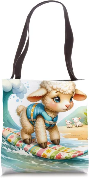 Easter Lamb Learning To Surf On Gentle Waves. Surfing Beach Tote Bag