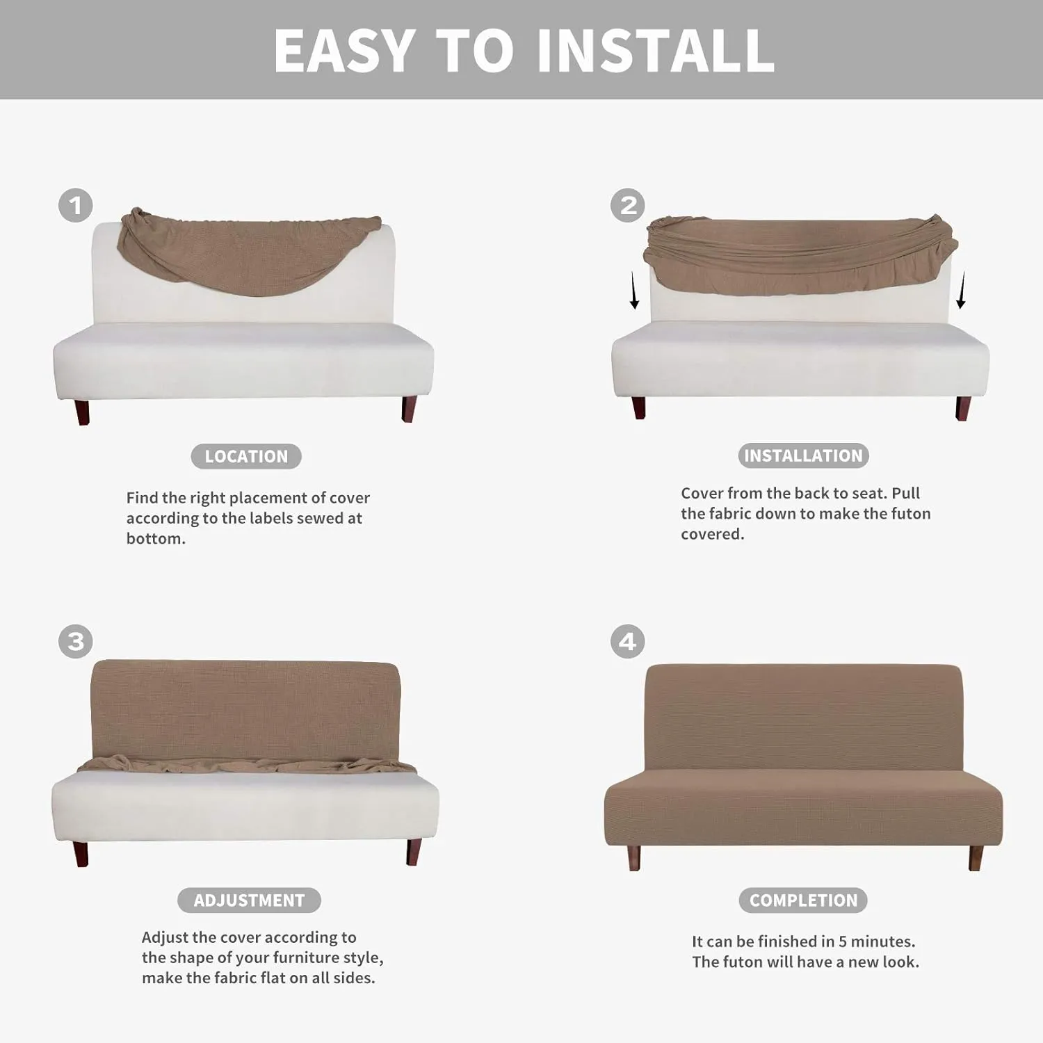 Easy-Going 100% Waterproof Futon Cover, Dual Waterproof Couch Cover, Stretch Jacquard Armless Sofa Cover, Leakproof Furniture Protector for Kids, Pets, Dog and Cat (Camel)