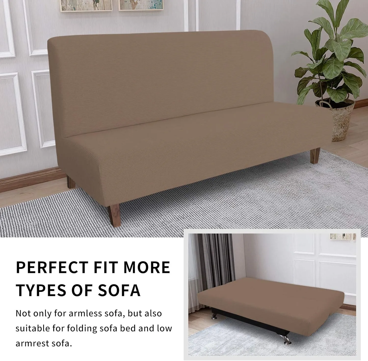 Easy-Going 100% Waterproof Futon Cover, Dual Waterproof Couch Cover, Stretch Jacquard Armless Sofa Cover, Leakproof Furniture Protector for Kids, Pets, Dog and Cat (Camel)