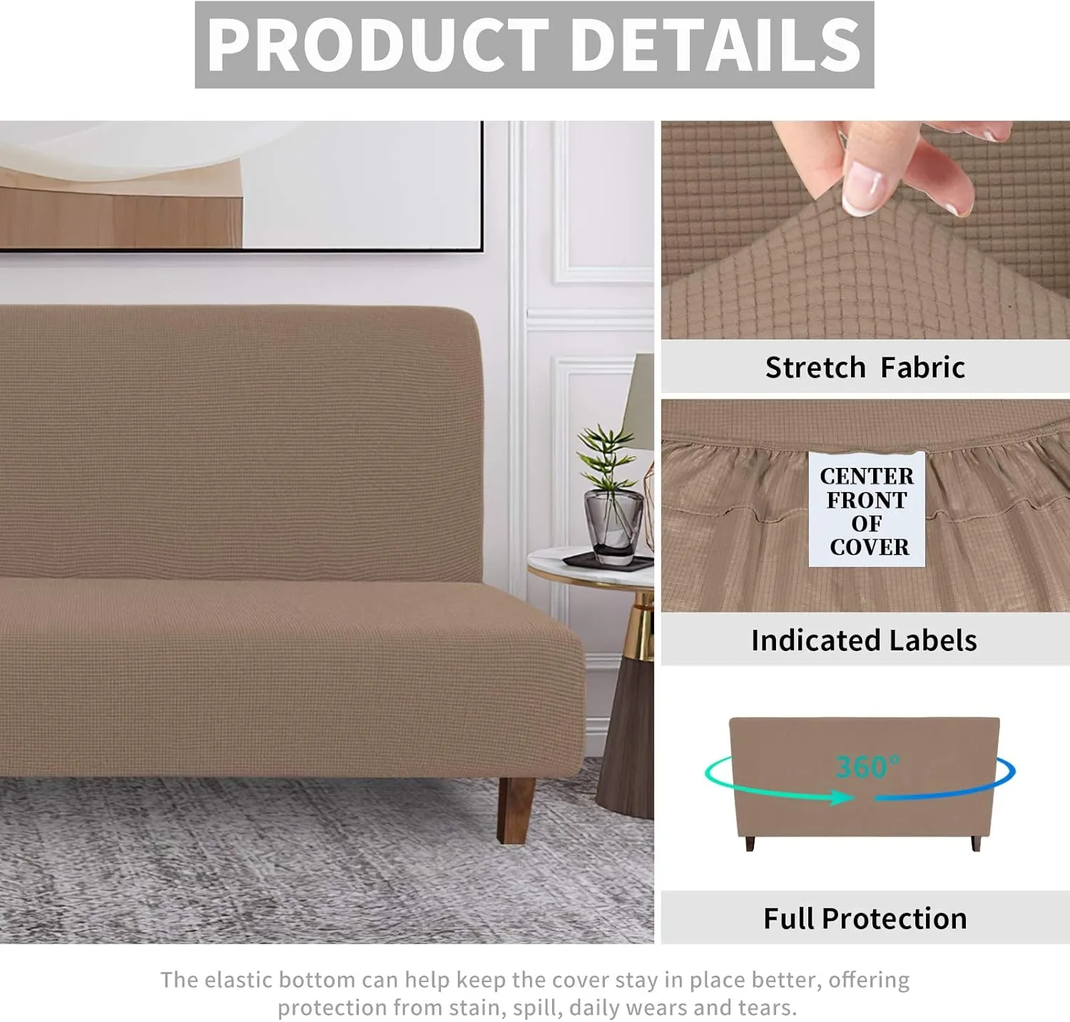 Easy-Going 100% Waterproof Futon Cover, Dual Waterproof Couch Cover, Stretch Jacquard Armless Sofa Cover, Leakproof Furniture Protector for Kids, Pets, Dog and Cat (Camel)