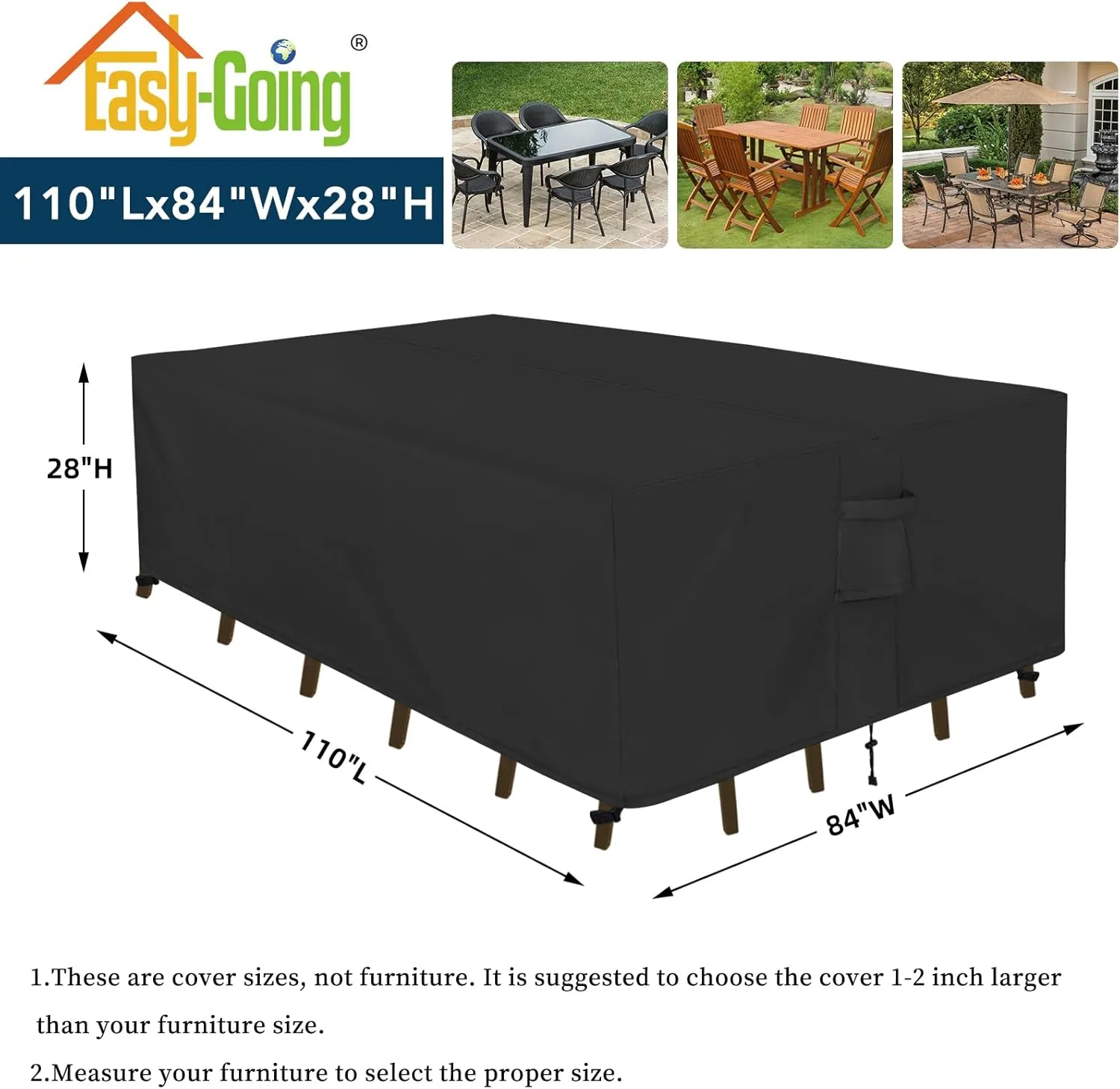 Easy-Going Rectangle Patio Furniture Cover Waterproof Outdoor Dining Table and Chair Cover Anti-UV Outside Sectional Sofa Set Covers (110"L x 84"W x 28"H, Black)