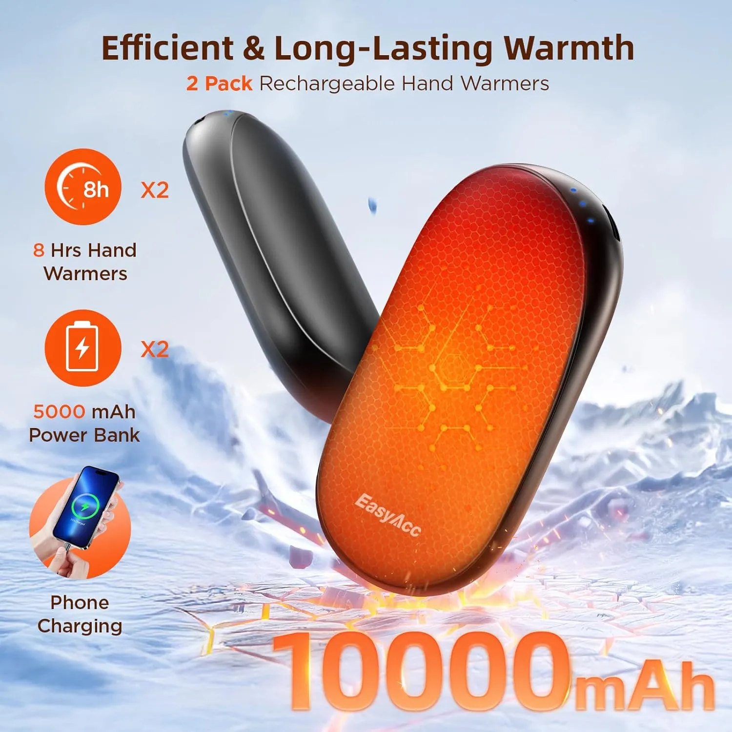 EasyAcc Hand Warmers Rechargeable 2 Pack, 10000mAh Magnetic Hand Warmers, 18Hrs Long Heating, with Camping Hook, Portable Power Bank, Pocket Size, Gifts for Christmas, Camping