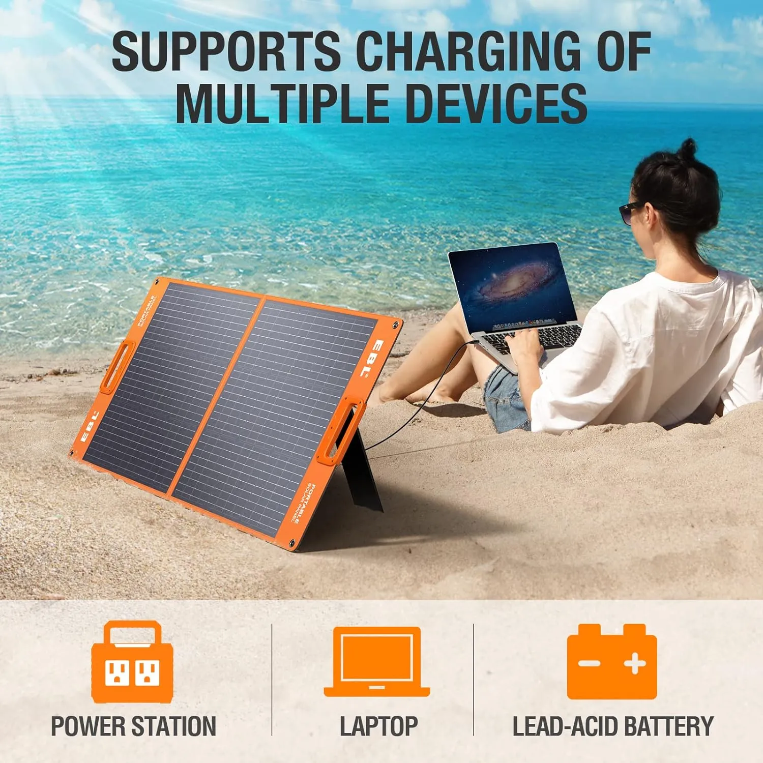 EBL Solar Panel 100W Portable Solar Panel (Upgraded) for 240/300/500/1000/1500/2000 Power Station, with Adjustable Kickstand and Parallel Cable, Waterproof IP65 for Outdoor Camping Hiking RV Trip