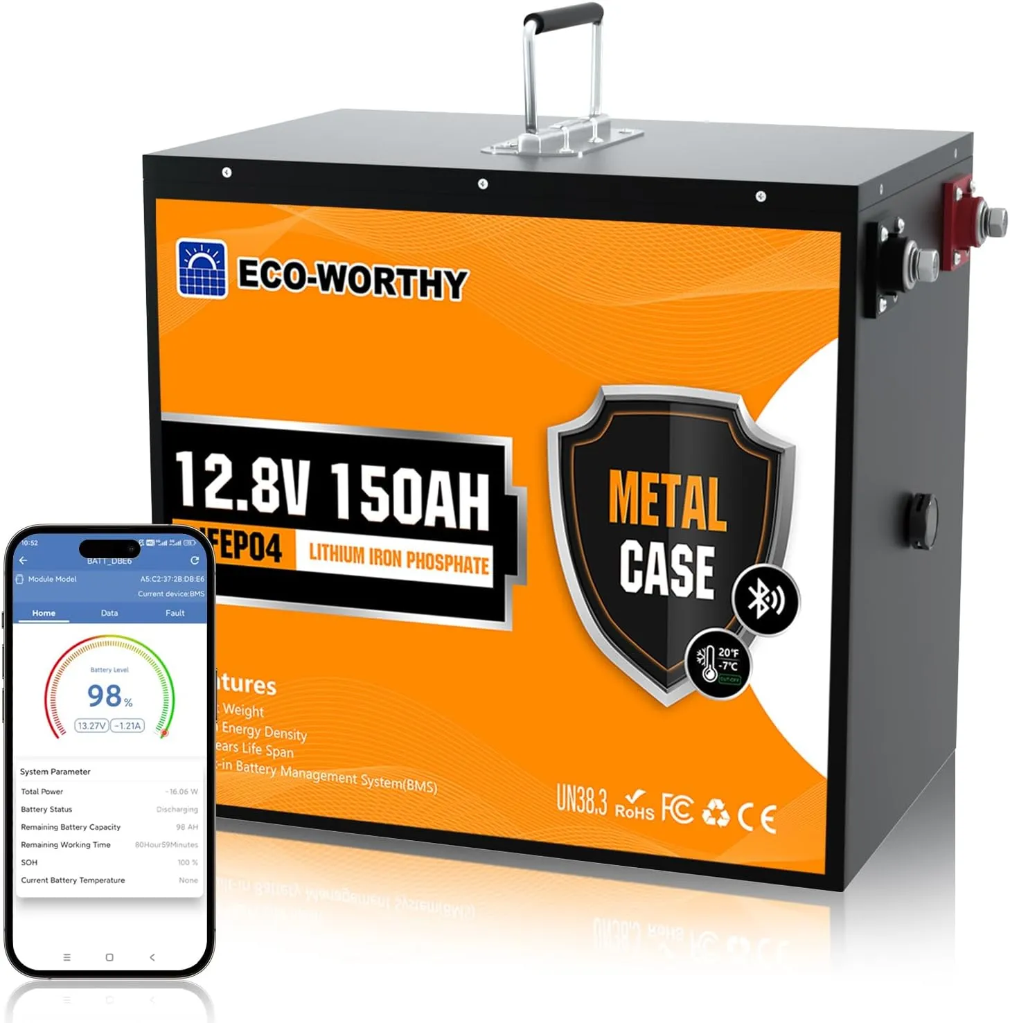 ECO-WORTHY 12V 150Ah Bluetooth LiFePO4 Lithium Battery with Low-Temp Protection, Safer Metal Shell, Rechargeable Deep Cycle Battery with BMS, Perfect for Marine, Trolling Motor, Solar, RV