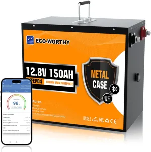 ECO-WORTHY 12V 150Ah Bluetooth LiFePO4 Lithium Battery with Low-Temp Protection, Safer Metal Shell, Rechargeable Deep Cycle Battery with BMS, Perfect for Marine, Trolling Motor, Solar, RV