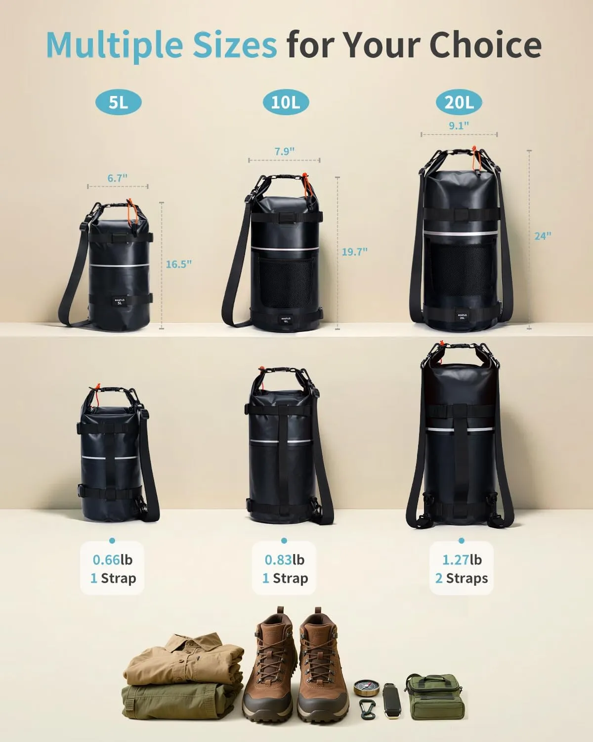 ECOHUB Waterproof Dry Bag for Women Men, 5L/10L/20L Roll Top Lightweight Dry Storage Bag Backpack for Travel Kayaking Hiking Floating with Waterproof Phone Case