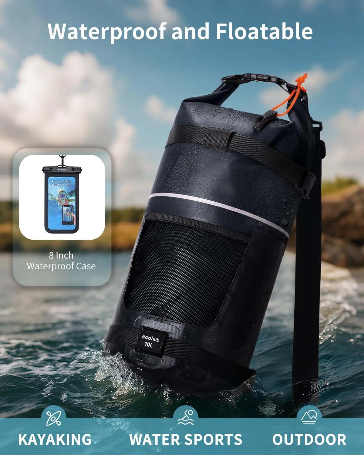 ECOHUB Waterproof Dry Bag for Women Men, 5L/10L/20L Roll Top Lightweight Dry Storage Bag Backpack for Travel Kayaking Hiking Floating with Waterproof Phone Case