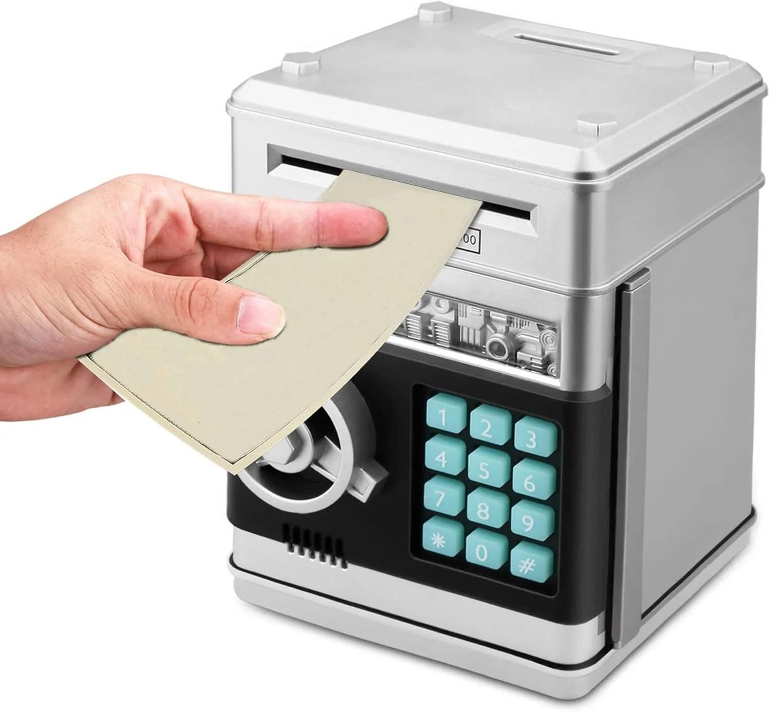 Electronic Password Piggy Bank Cash Coin Can Auto Scroll Paper Money Saving Box Toy for 6 7 8 9 10 11 12 Years Old Kids Gifts (Silvery)