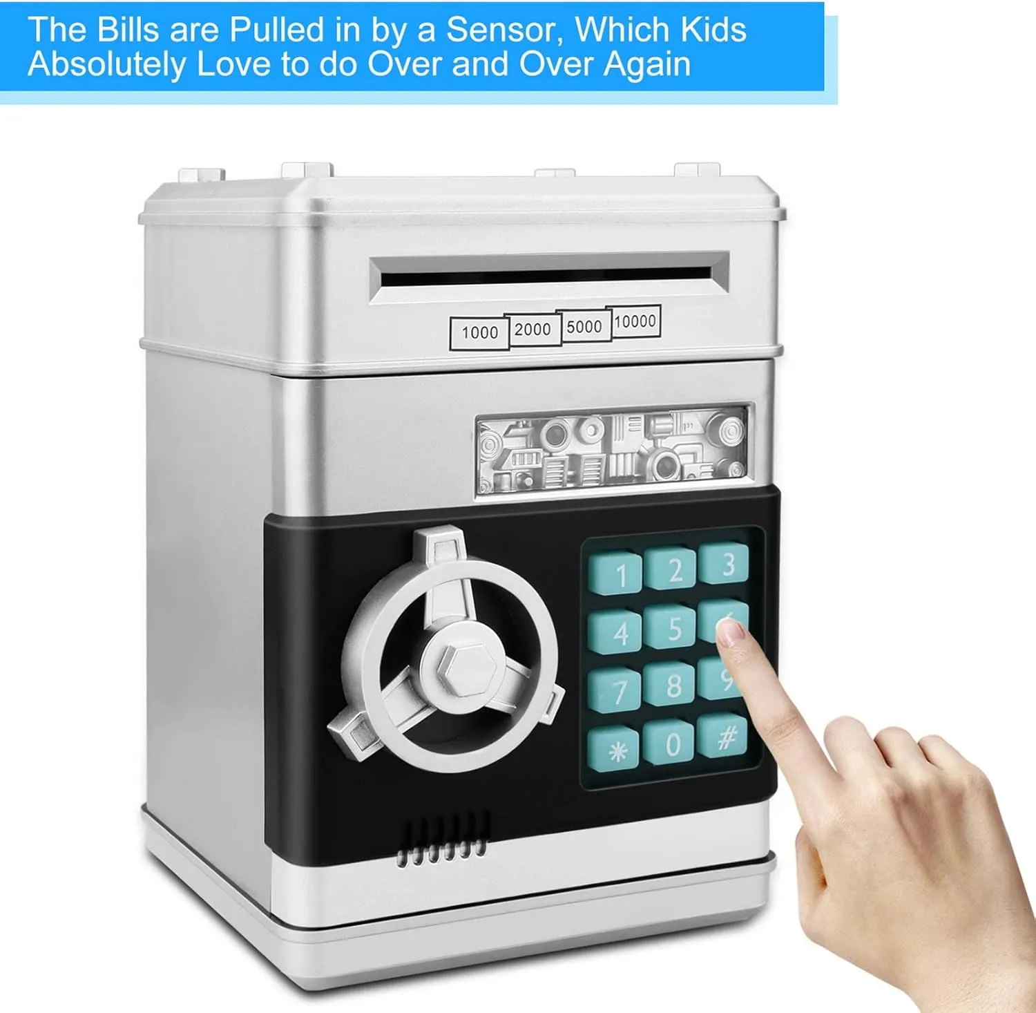 Electronic Password Piggy Bank Cash Coin Can Auto Scroll Paper Money Saving Box Toy for 6 7 8 9 10 11 12 Years Old Kids Gifts (Silvery)