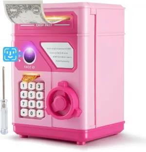 Electronic Piggy Bank for Kids Safe 2025, Pink Money Savings Bank with Password & Face ID Simulation, Mini ATM Safe Coin Bank with Auto Bill Slot, Christmas Birthday Toy Gift for Girls Age 6 7 8 9 10