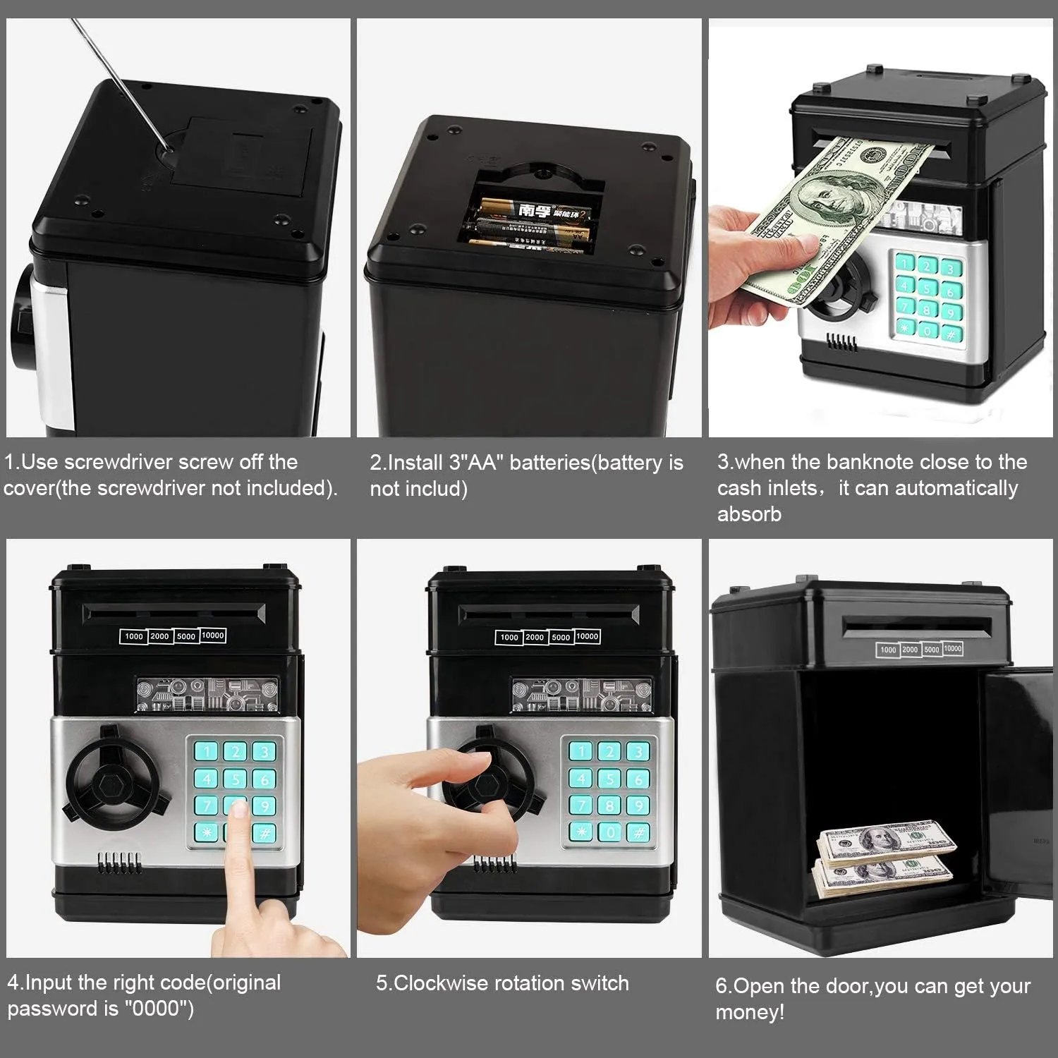 Electronic Piggy Bank, Mini ATM Password Money Bank Cash Coins Saving Box for Kids, Cartoon Safe Bank Box Perfect Toy Gifts for Boys Girls (Black)