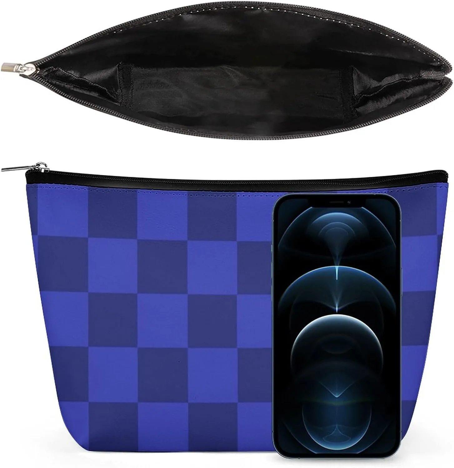 Elegant Makeup Bag, Blue Checker Cosmetic Bag Large Capacity Pouch Portable Organizer for Men & Women