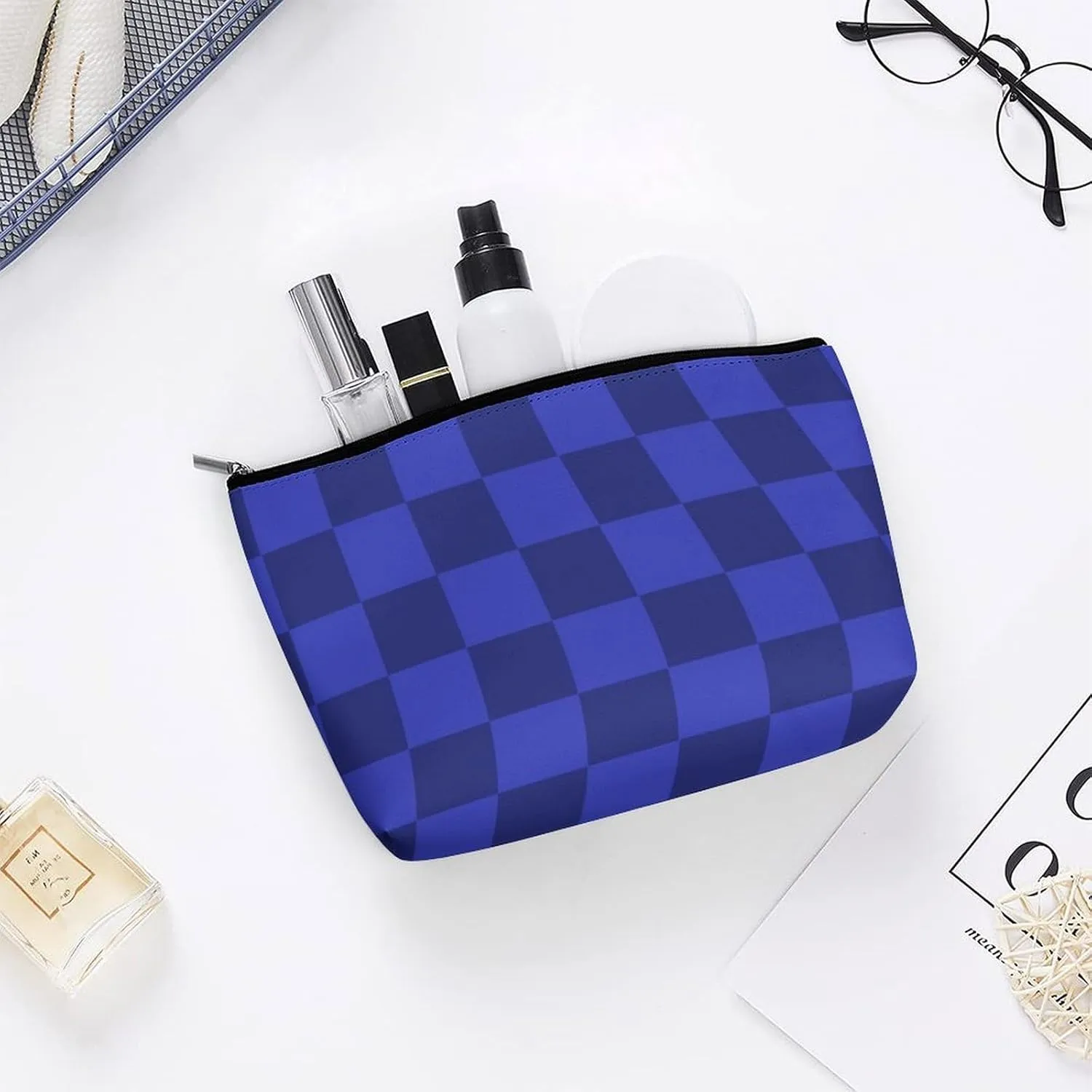 Elegant Makeup Bag, Blue Checker Cosmetic Bag Large Capacity Pouch Portable Organizer for Men & Women