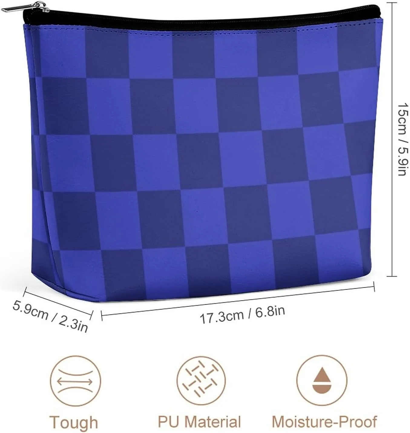 Elegant Makeup Bag, Blue Checker Cosmetic Bag Large Capacity Pouch Portable Organizer for Men & Women