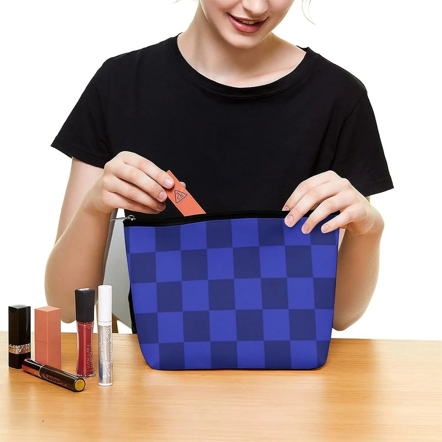 Elegant Makeup Bag, Blue Checker Cosmetic Bag Large Capacity Pouch Portable Organizer for Men & Women
