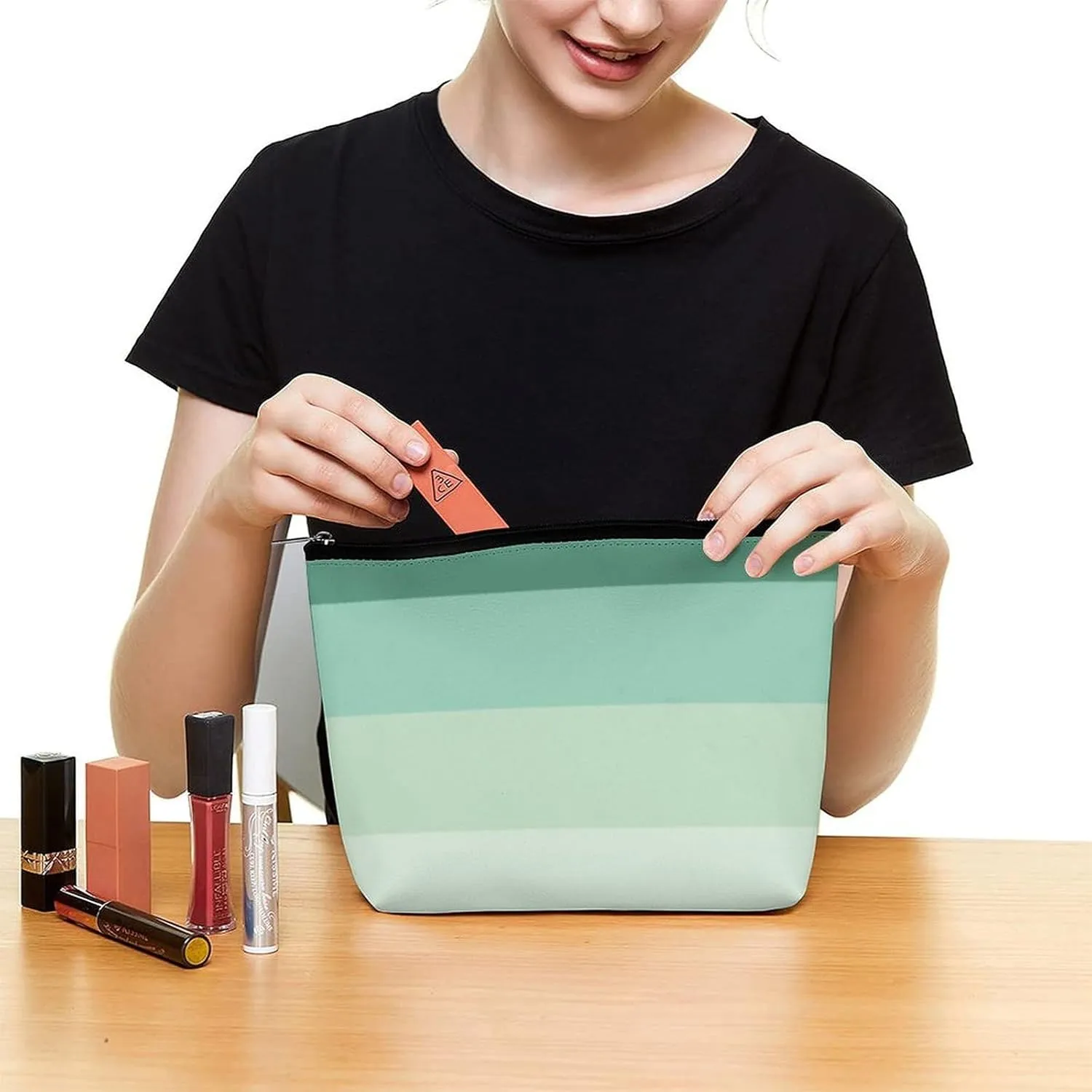 Elegant Makeup Bag, Girly Chic Teal Green Ombre Classic Cosmetic Bag Large Capacity Pouch Portable Organizer for Men & Women