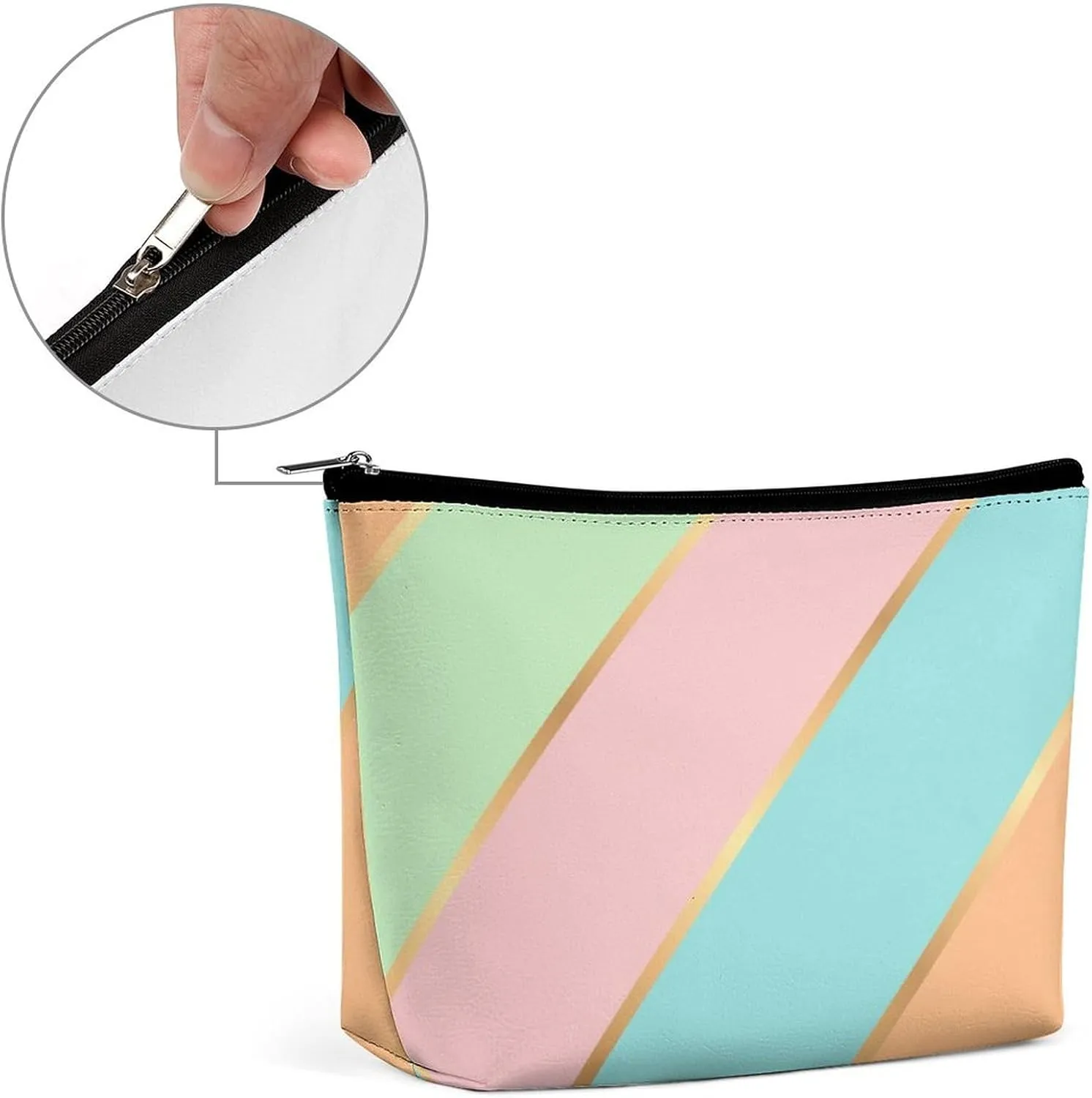 Elegant Makeup Bag, Mint Green Turquoise Blue Pink Gold Stripes Cosmetic Bag Large Capacity Pouch Portable Organizer for Men & Women