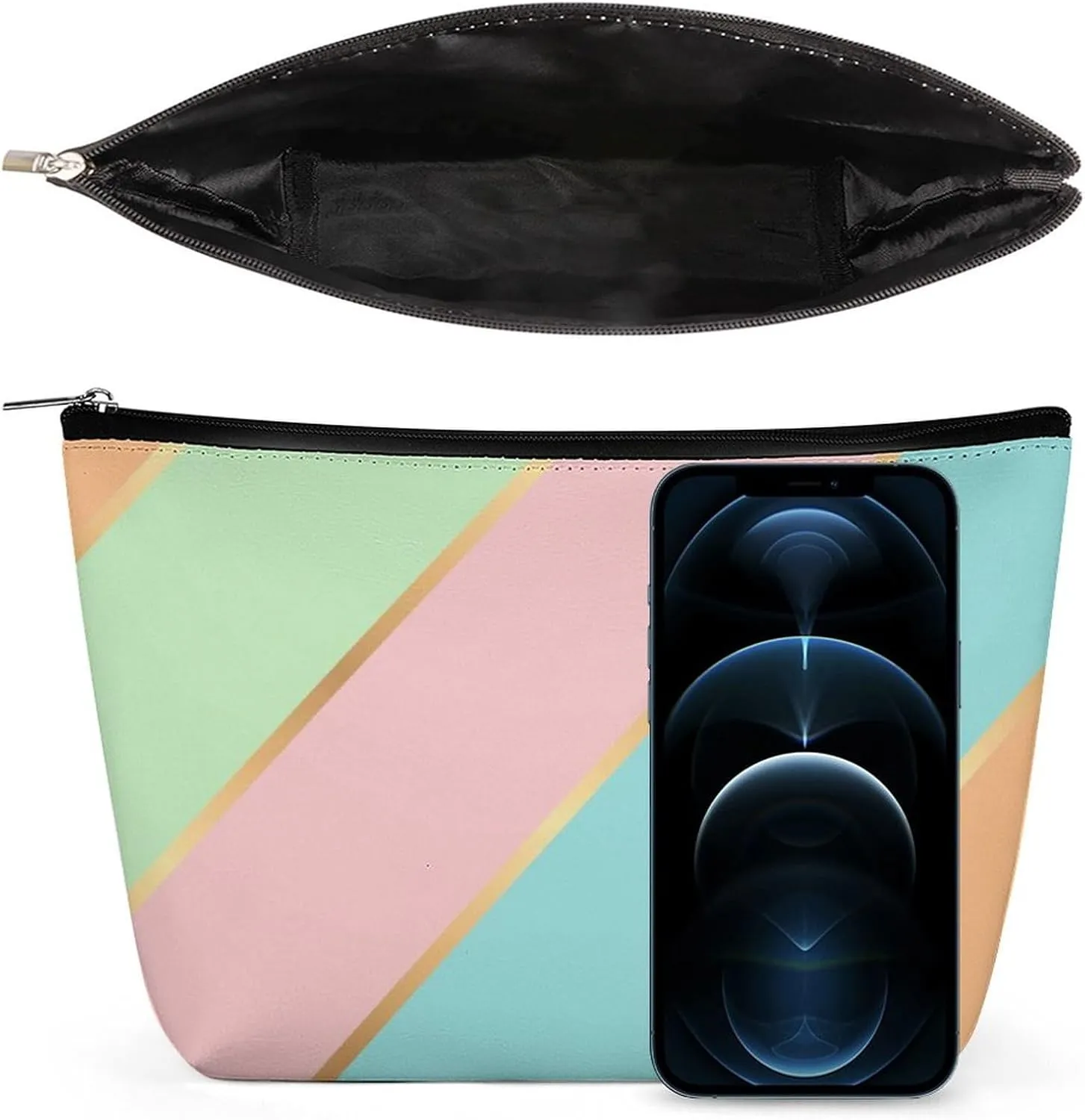Elegant Makeup Bag, Mint Green Turquoise Blue Pink Gold Stripes Cosmetic Bag Large Capacity Pouch Portable Organizer for Men & Women