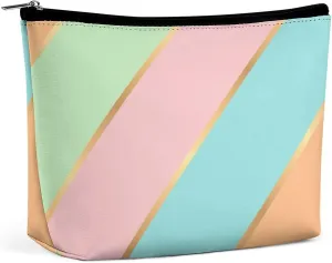 Elegant Makeup Bag, Mint Green Turquoise Blue Pink Gold Stripes Cosmetic Bag Large Capacity Pouch Portable Organizer for Men & Women
