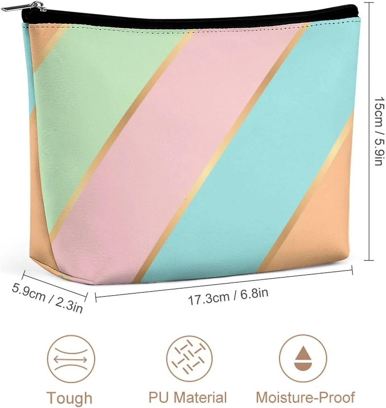 Elegant Makeup Bag, Mint Green Turquoise Blue Pink Gold Stripes Cosmetic Bag Large Capacity Pouch Portable Organizer for Men & Women