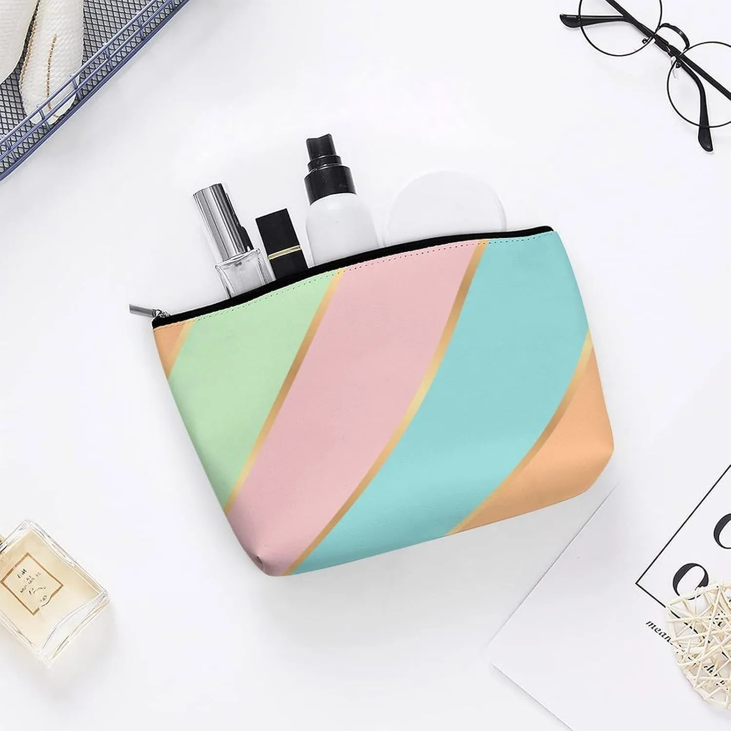 Elegant Makeup Bag, Mint Green Turquoise Blue Pink Gold Stripes Cosmetic Bag Large Capacity Pouch Portable Organizer for Men & Women