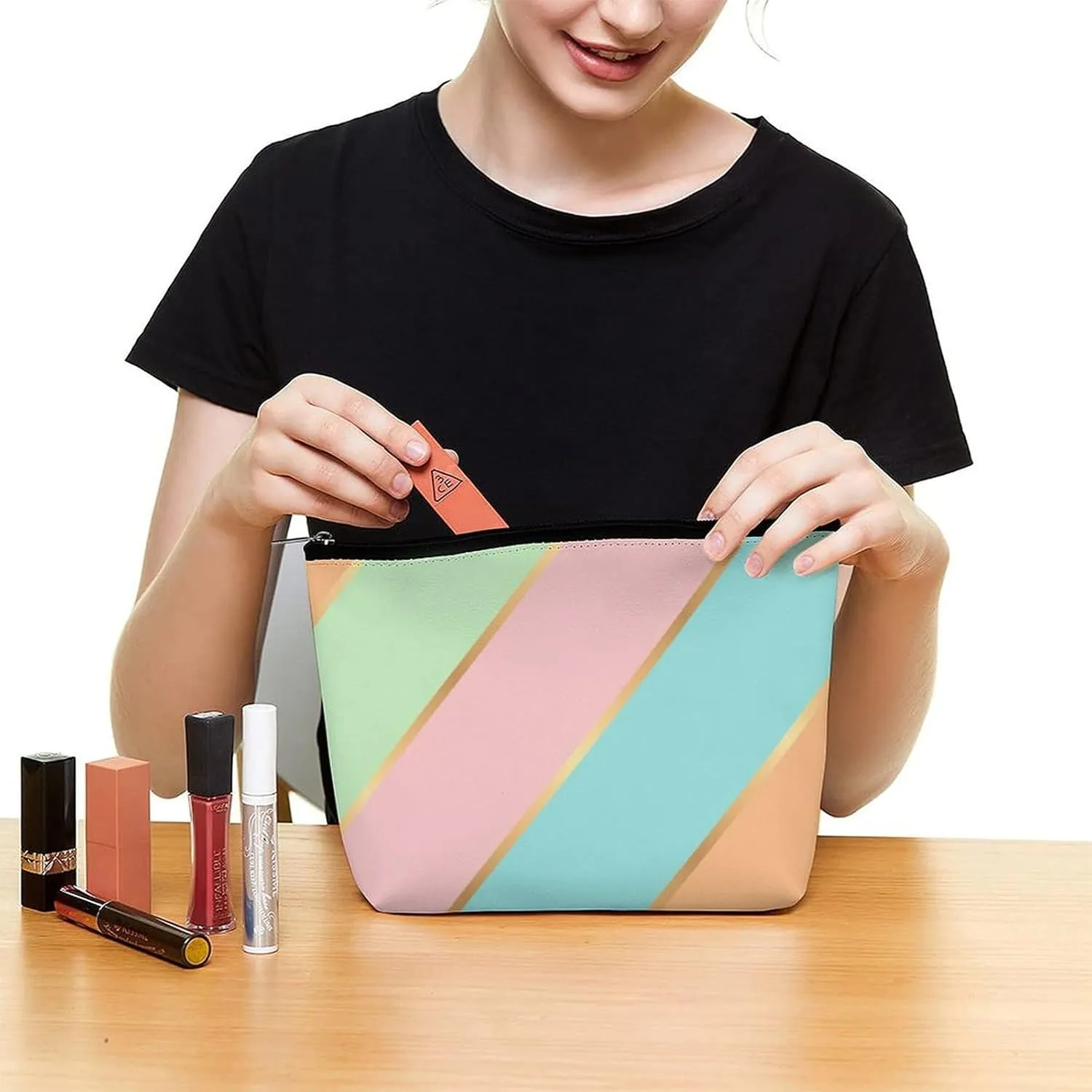 Elegant Makeup Bag, Mint Green Turquoise Blue Pink Gold Stripes Cosmetic Bag Large Capacity Pouch Portable Organizer for Men & Women