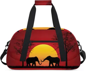 Elephant Sunset Trees Gym Duffel Bag for Men Women Wild Elephant Sports Tote Bag with Adjustable Shoulder Strap for Dance Gymnastics Traveling Outdoor Camping Overnight Stay