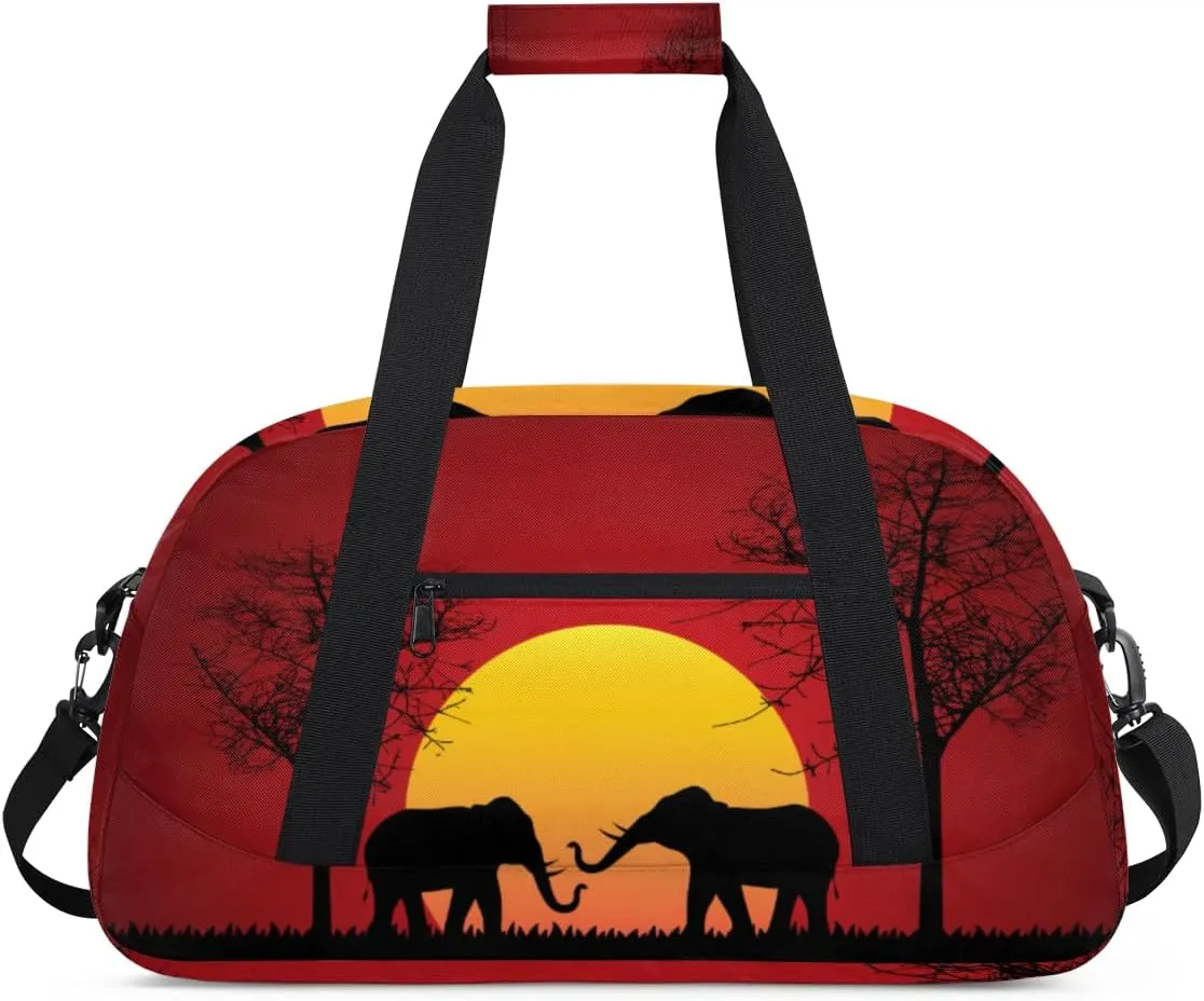 Elephant Sunset Trees Gym Duffel Bag for Men Women Wild Elephant Sports Tote Bag with Adjustable Shoulder Strap for Dance Gymnastics Traveling Outdoor Camping Overnight Stay