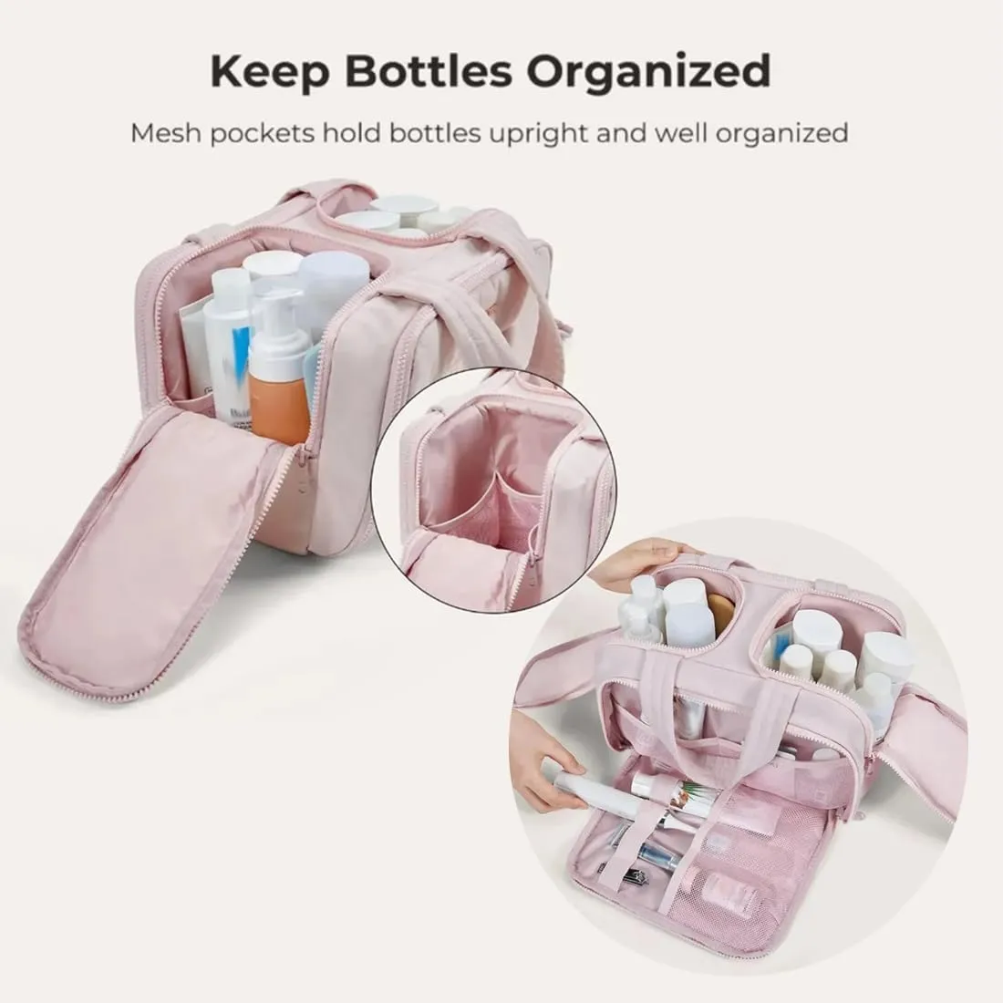 Elouva Toiletry Bag, Elouva Makeup Bag, Large Capacity Wide-Open Travel Cosmetic Bags for Women, 4-in-1 Multi-Functional Lightweight Waterproof Organizer Bags with Handle for Accessories (Beige)