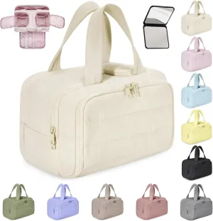 Elouva Toiletry Bag, Elouva Makeup Bag, Large Capacity Wide-Open Travel Cosmetic Bags for Women, 4-in-1 Multi-Functional Lightweight Waterproof Organizer Bags with Handle for Accessories (Beige)