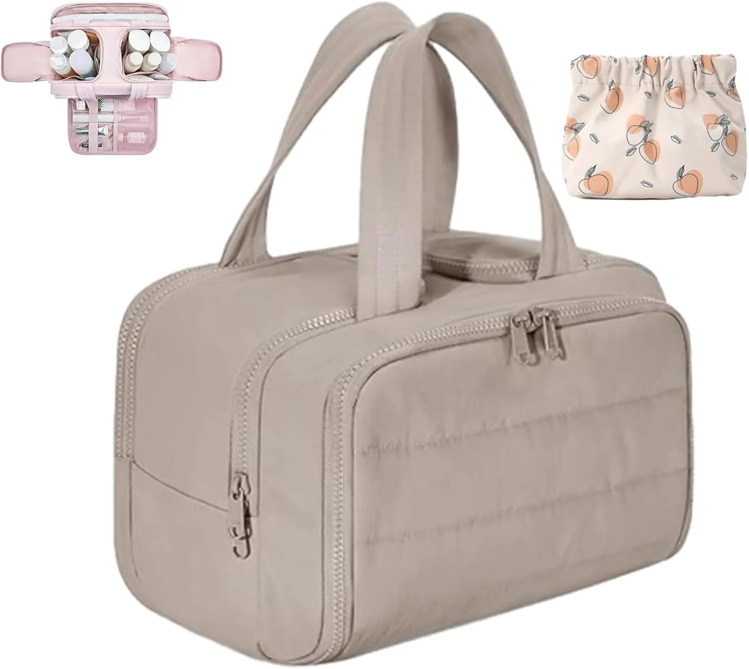 Elouva Toiletry Bag, Large Capacity Wide-Open Travel Makeup Bag, 4-in-1 Puffy Multi-functional Cosmetic Bags for Women, Portable Waterproof Open Flat Organizer Bags (Brown)