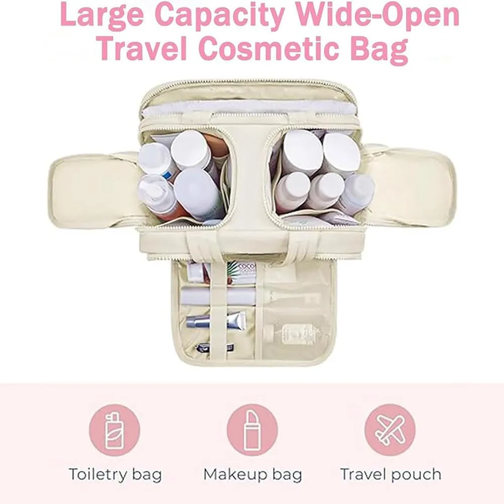 Elouva Toiletry Bag, Large Capacity Wide-Open Travel Makeup Bag, 4-in-1 Puffy Multi-functional Cosmetic Bags for Women, Portable Waterproof Open Flat Organizer Bags (Brown)