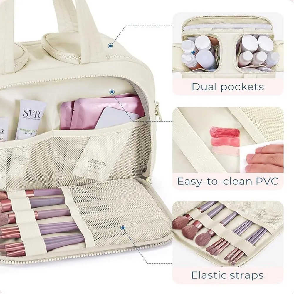 Elouva Toiletry Bag, Large Capacity Wide-Open Travel Makeup Bag, 4-in-1 Puffy Multi-functional Cosmetic Bags for Women, Portable Waterproof Open Flat Organizer Bags (Brown)