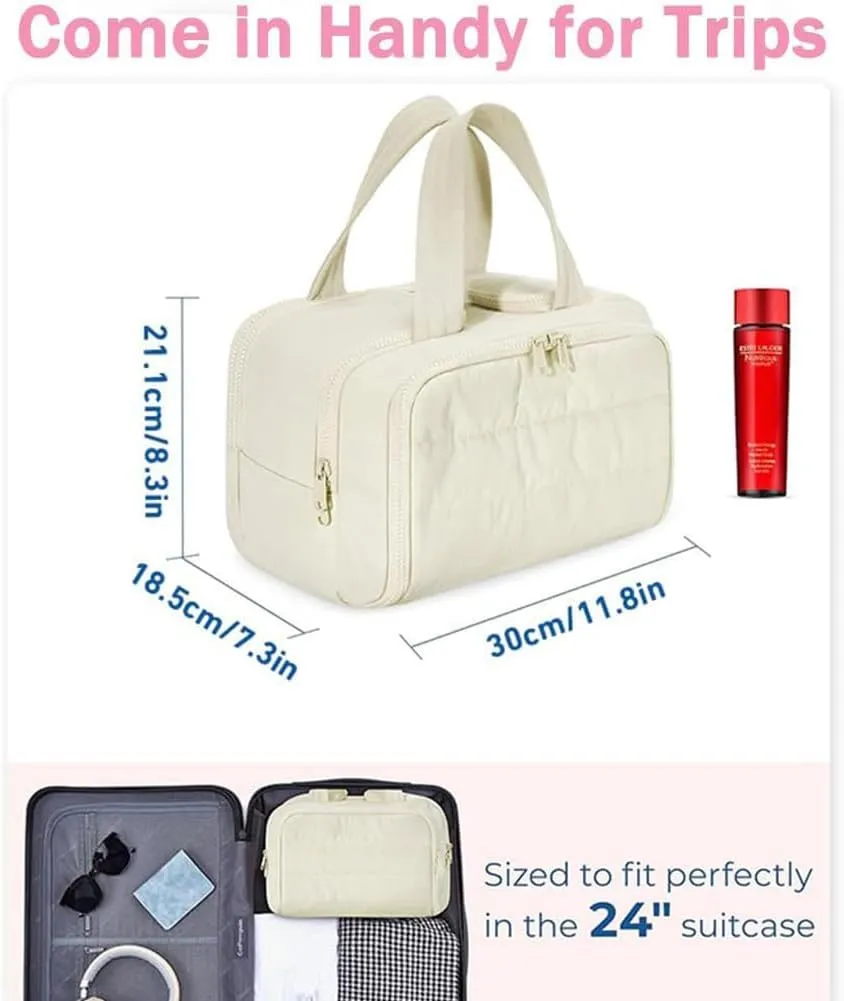 Elouva Toiletry Bag, Large Capacity Wide-Open Travel Makeup Bag, 4-in-1 Puffy Multi-functional Cosmetic Bags for Women, Portable Waterproof Open Flat Organizer Bags (Brown)